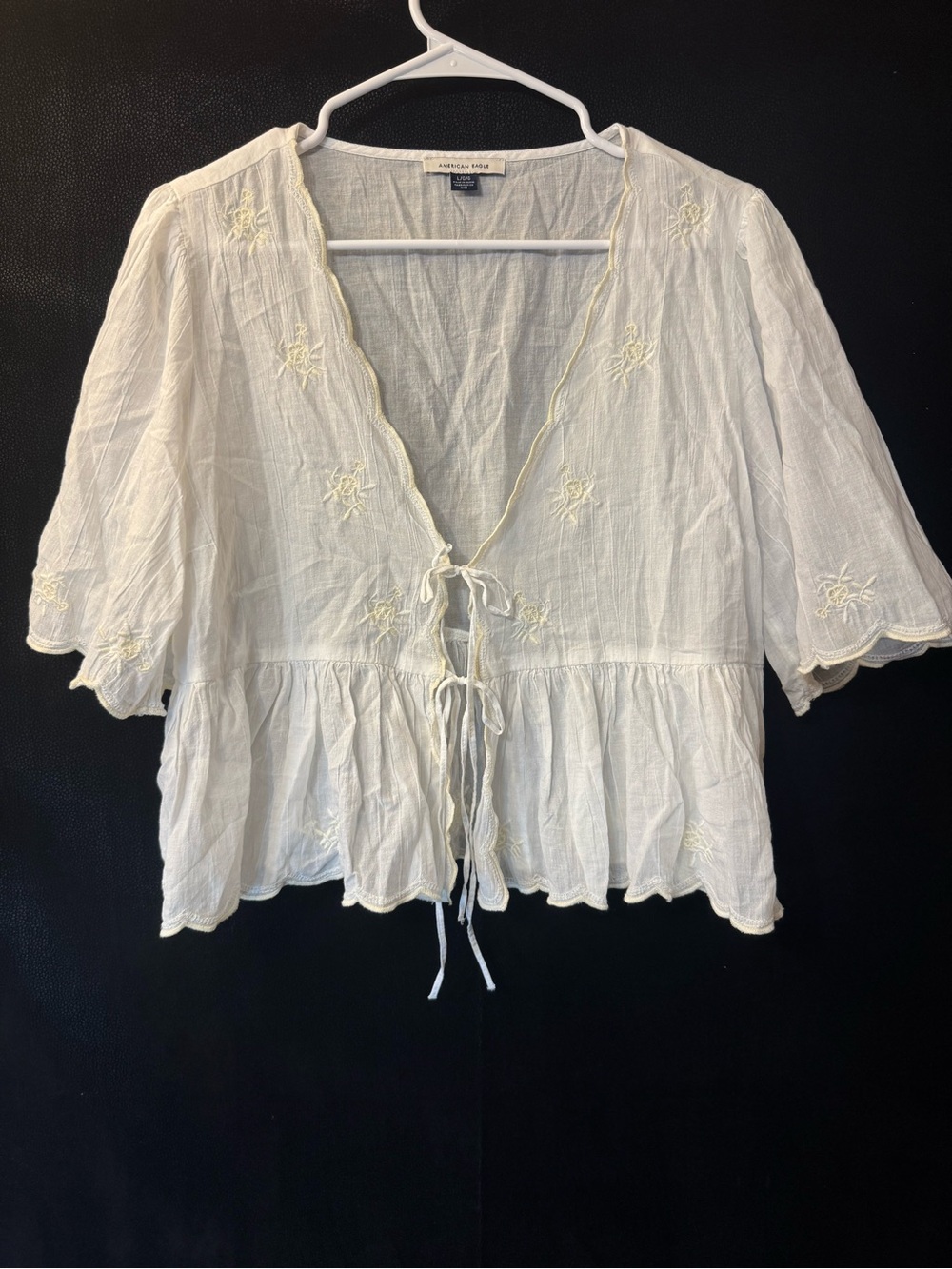 American Eagle Womens Large White Embroidered Peplum Tie Front Boho Top
